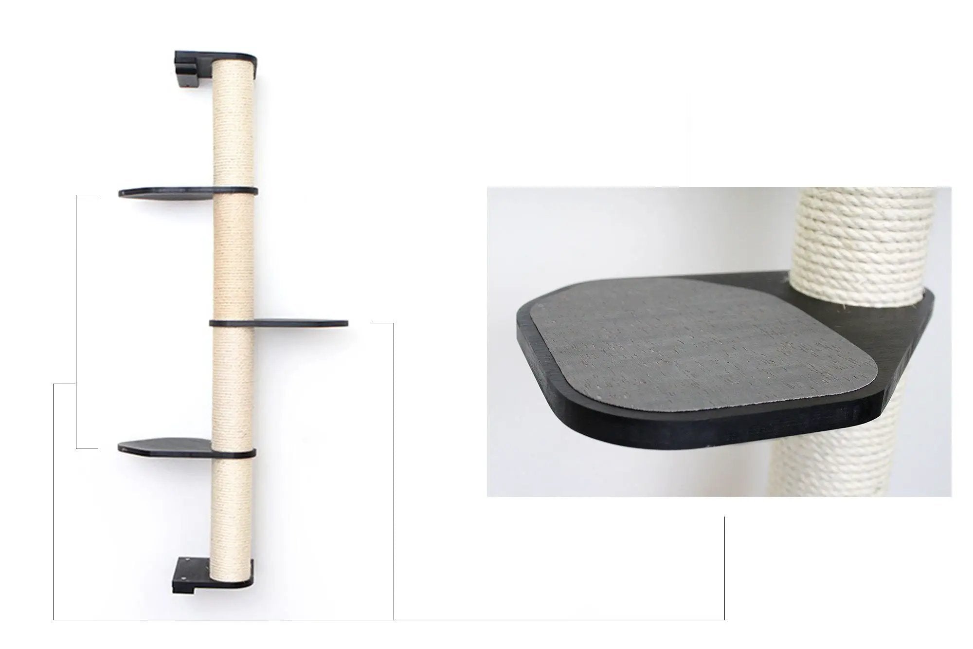 Wall-mounted cat scratching pole with sisal rope and black platforms