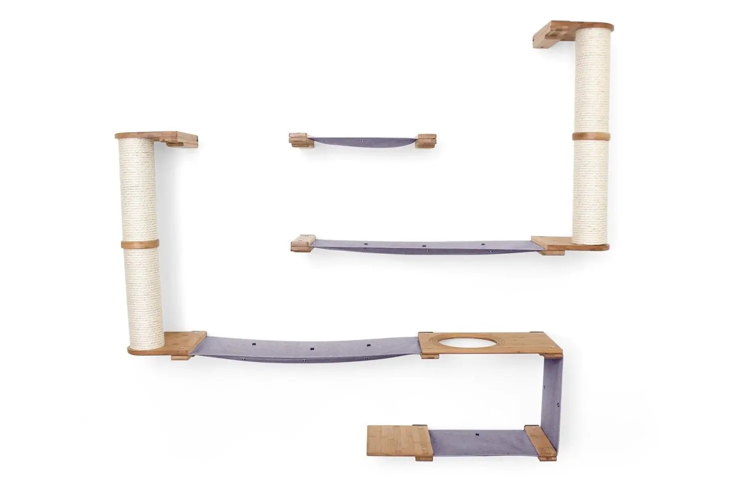 The Roman wall-mounted cat condo and scratcher tree, with rope-wrapped posts and purple ramps (disassembled).