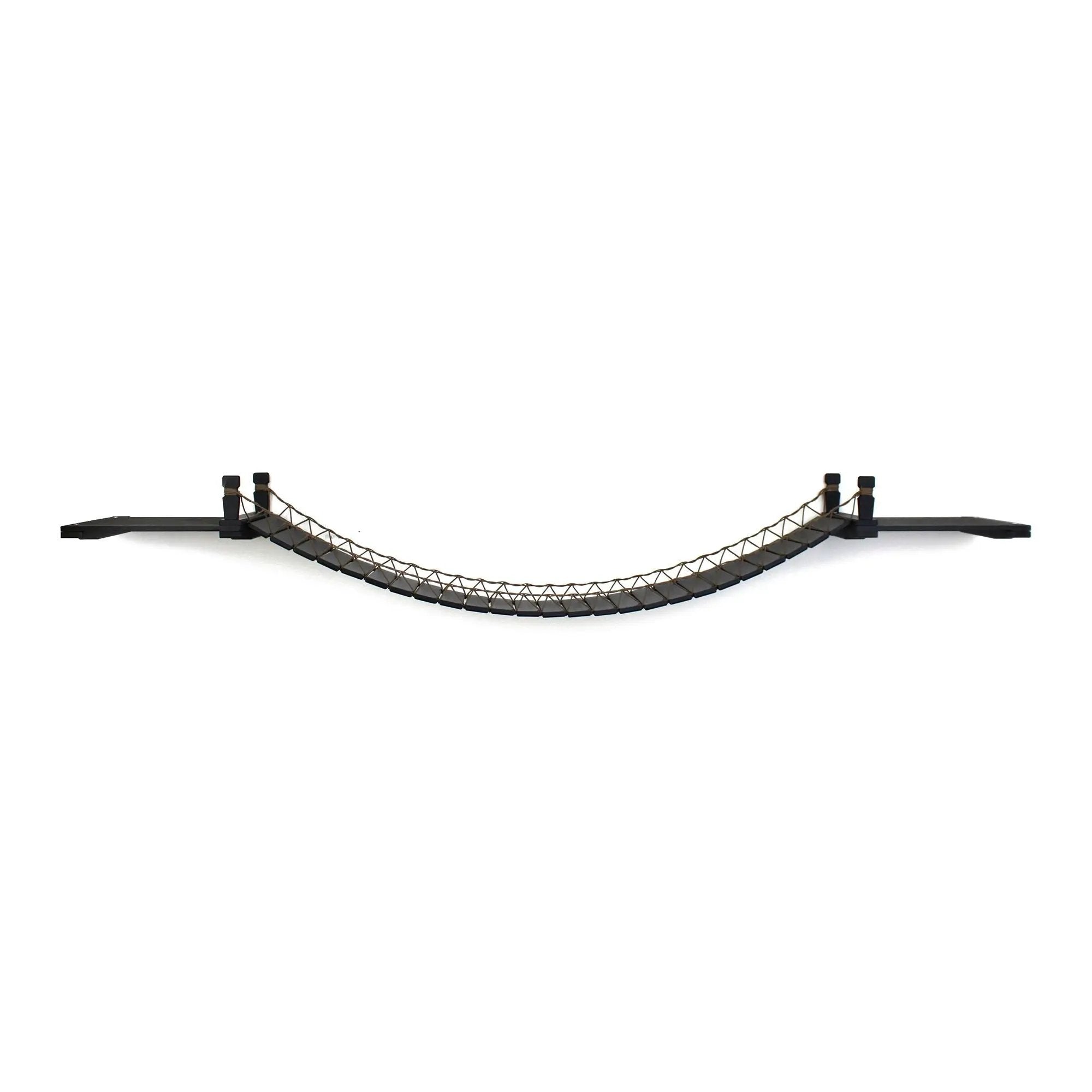 Cat Wall Bridge and Shelf Set, black curved cat bridge with rope lattice and wall mounts.