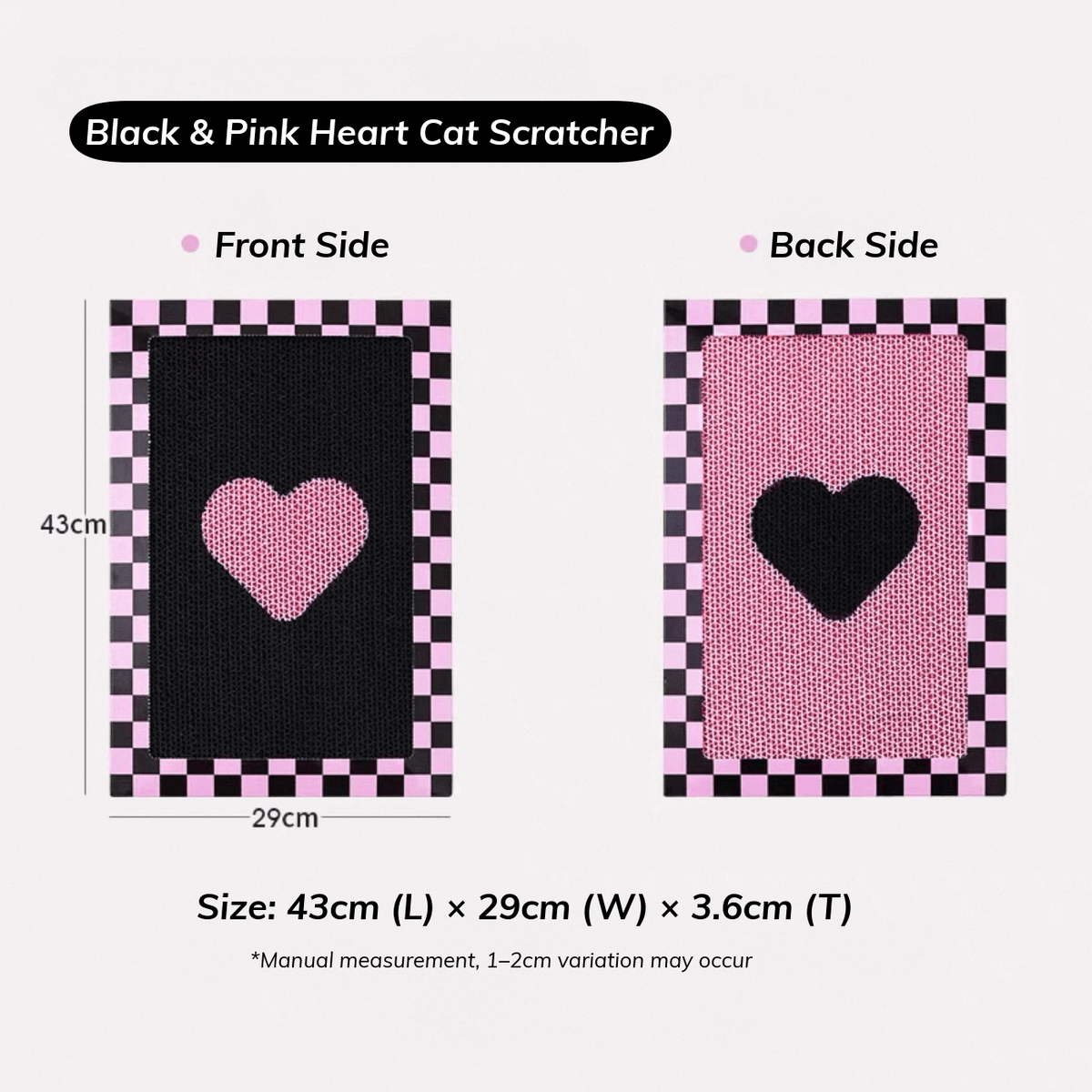 Paper Park Double-Sided Wall Cat Scratcher – Black & Pink Heart – with dimensions