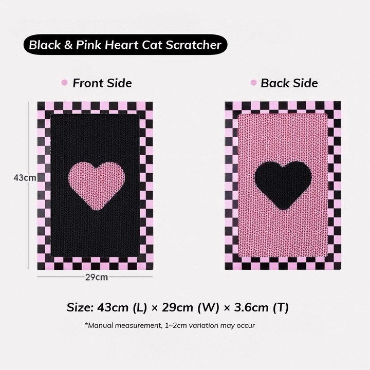 Paper Park Double-Sided Wall Cat Scratcher – Black &amp; Pink Heart – with dimensions