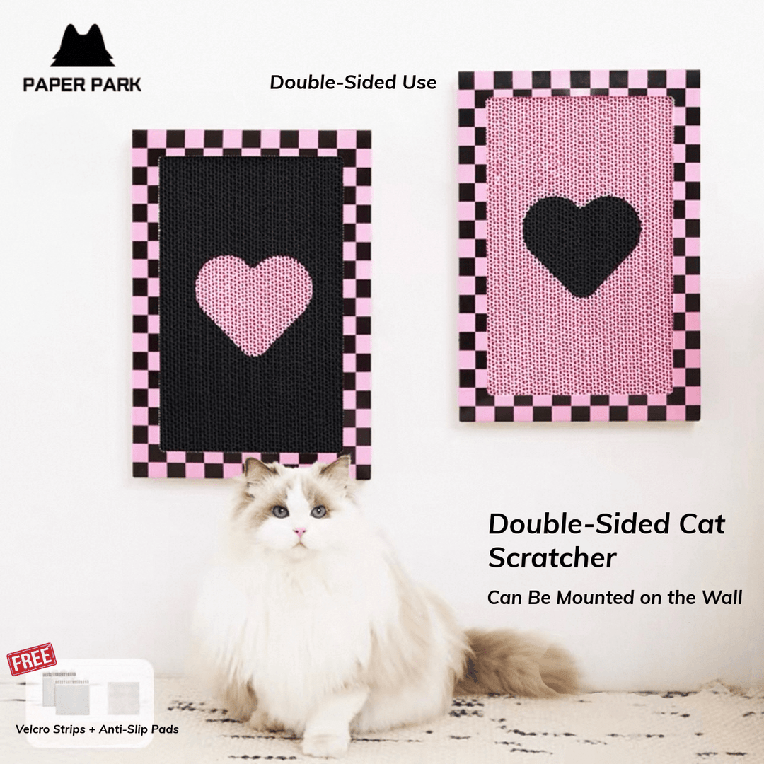 Paper Park Double-Sided Wall Cat Scratcher – Black &amp; Pink Heart – with dimensions