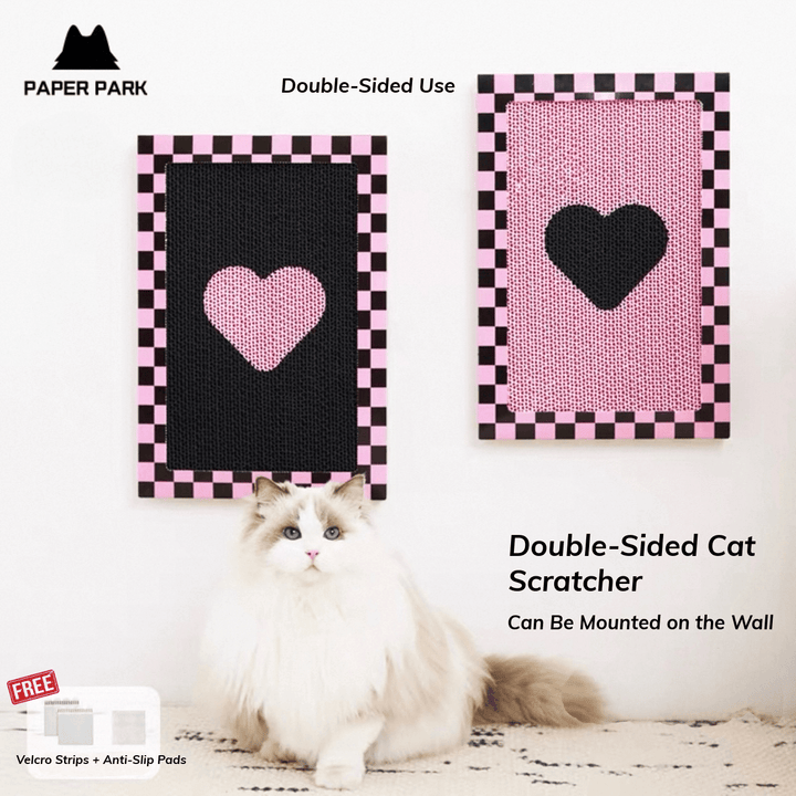 Paper Park Double-Sided Wall Cat Scratcher – Black &amp; Pink Heart – with dimensions