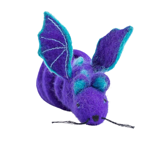 Catch a Mouse by the Tail Wool Cat Toy, purple with blue wings, Cat in the Box LLC