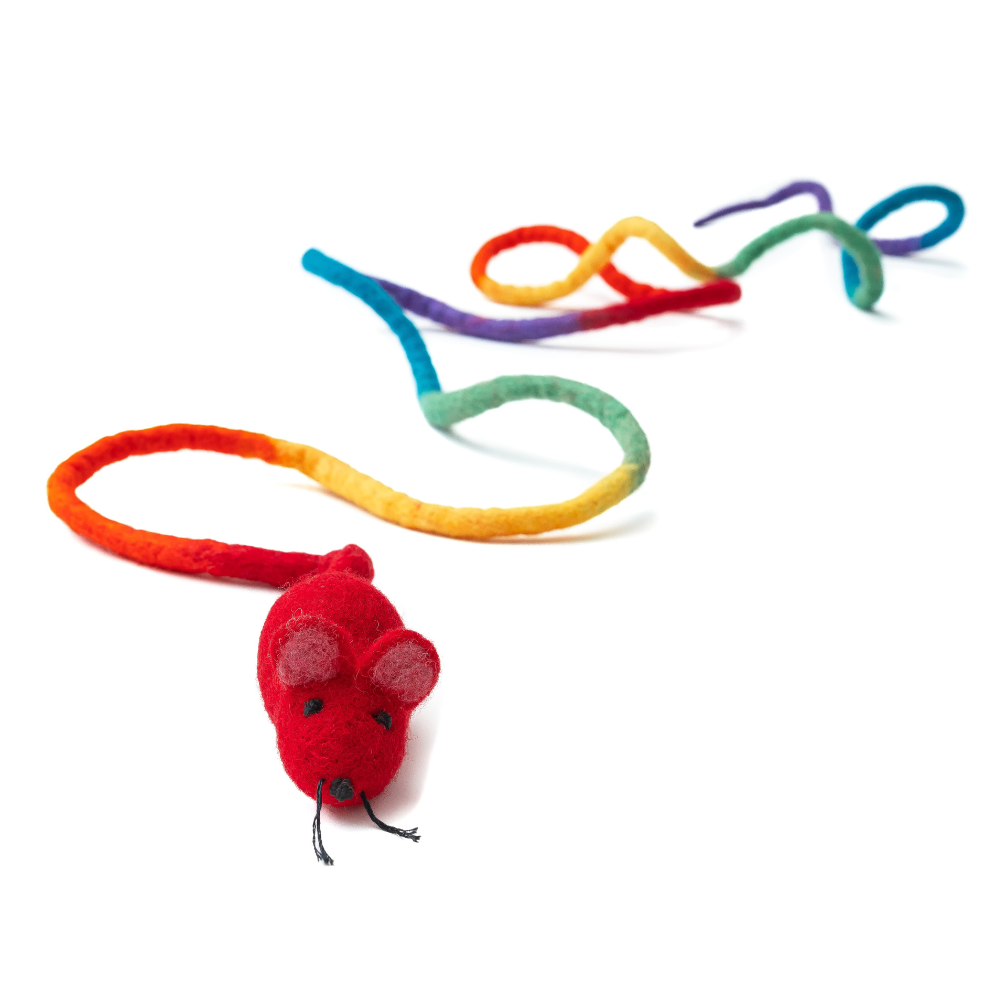 Catch a Mouse by the Tail wool cat toy with a red felt mouse and a rainbow fuzzy tail.