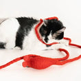 Load image into Gallery viewer, Catch a Mouse by the Tail wool cat toy by Cat in the Box LLC; red yarn mouse with a black-and-white cat.
