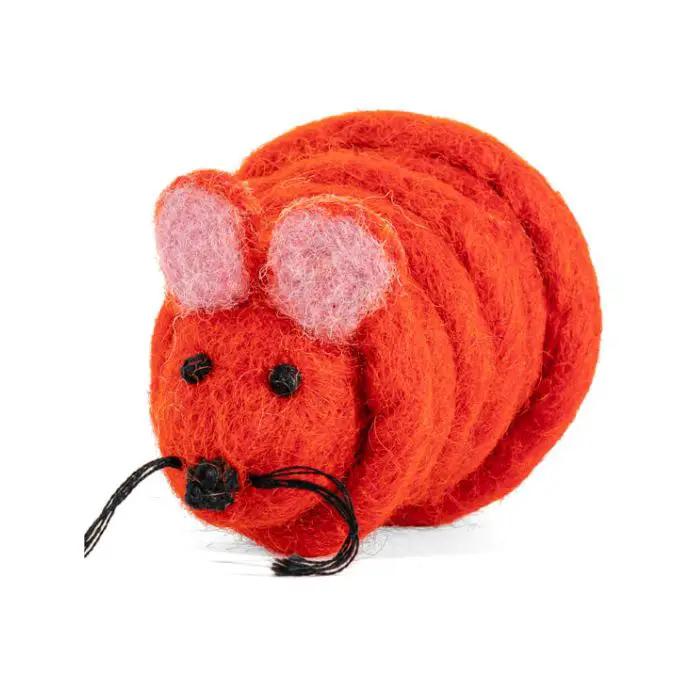 Catch a Mouse by the Tail wool cat toy, orange wool mouse with pink ears