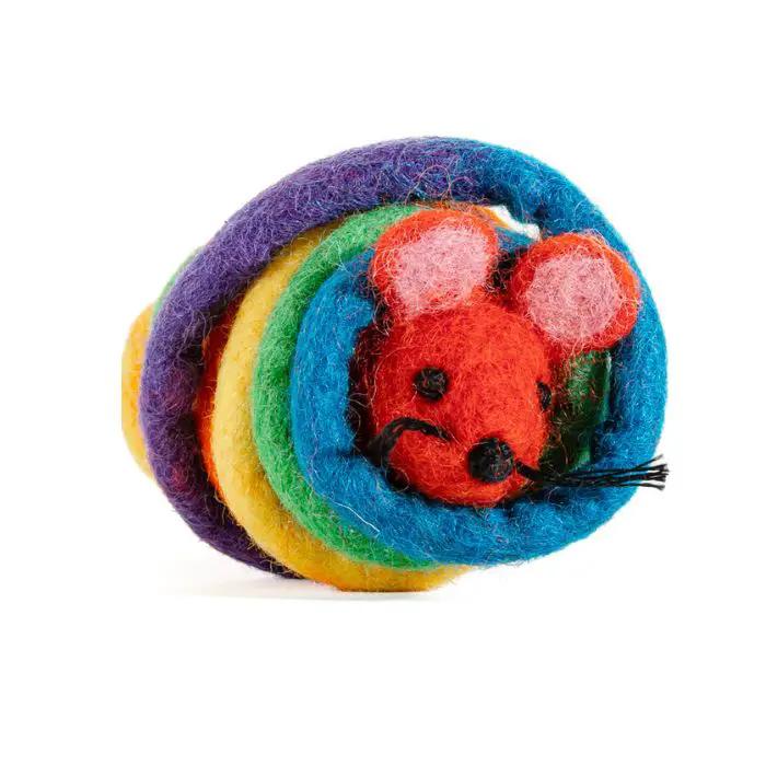 Catch a Mouse by the Tail wool cat toy with rainbow felt rings and a red mouse