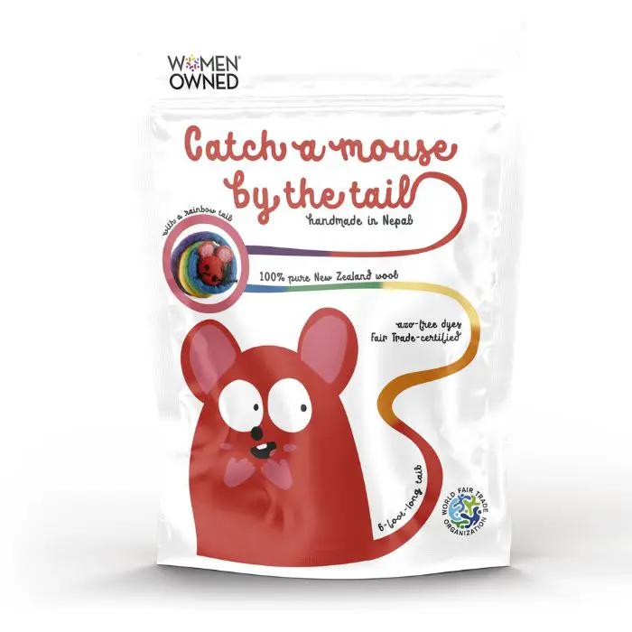 Cat toy Catch a Mouse by the Tail; red wool mouse, handmade in Nepal, Cat in the Box LLC.