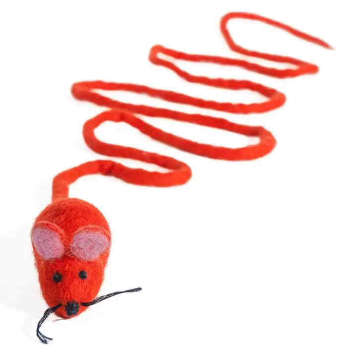 Catch a Mouse by the Tail wool cat toy; red felt mouse with a long twisted tail by Cat in the Box LLC.