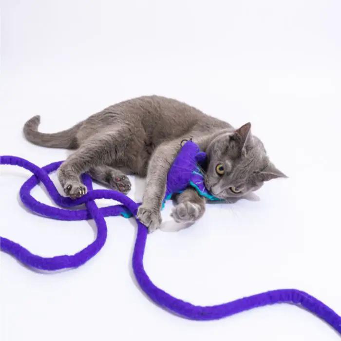 Catch a Mouse by the Tail wool cat toy in purple with a long rope tail