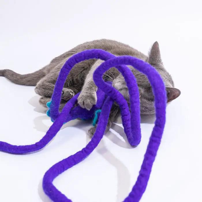 Catch a Mouse by the Tail wool cat toy, purple plush rope with teal accents