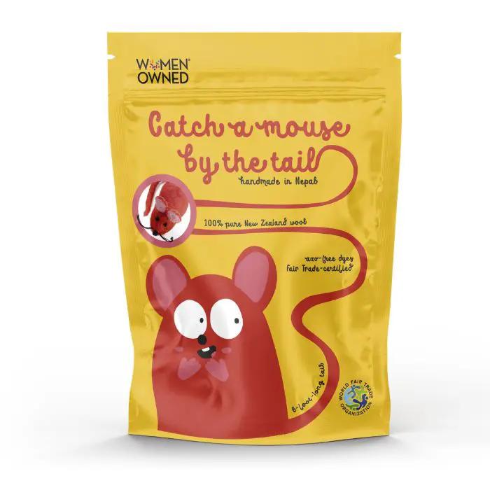 Cat toy Catch a Mouse by the Tail in yellow pouch with a red mouse; 100% New Zealand wool, Cat in the Box LLC.