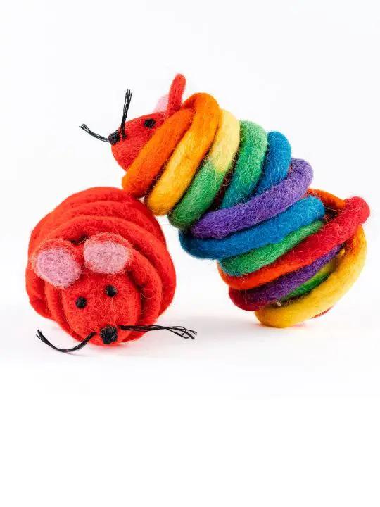 Catch a Mouse by the Tail wool cat toy, bright red mouse body with rainbow coil tail for interactive play.