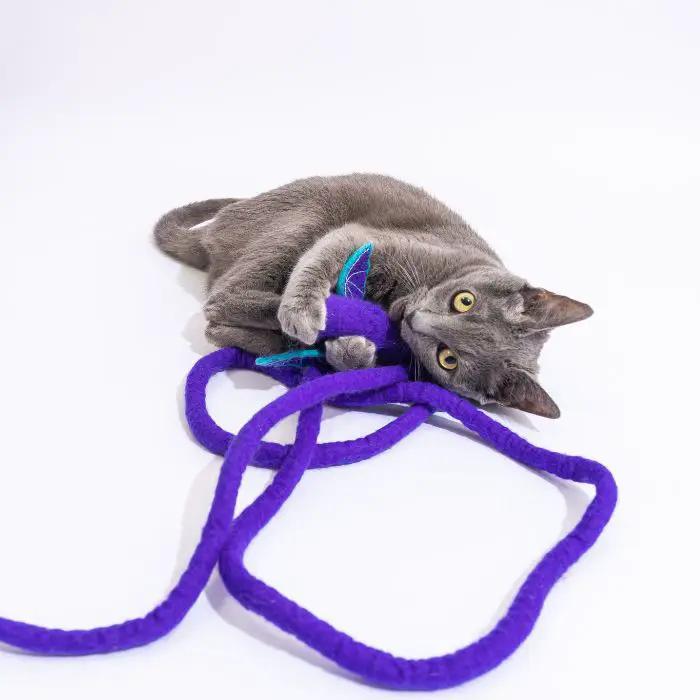 Catch a Mouse by the Tail wool cat toy in purple with green leaves by Cat in the Box LLC