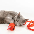 Load image into Gallery viewer, Cat toy Catch a Mouse by the Tail, red plush mouse on string beside a gray cat
