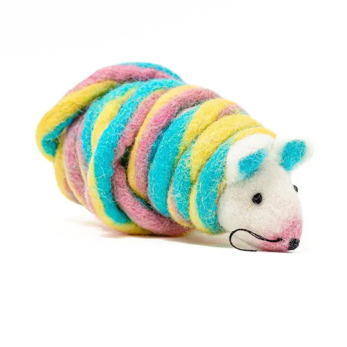 Catch a Mouse by the Tail wool cat toy, pastel rainbow yarn, mouse-shaped plush