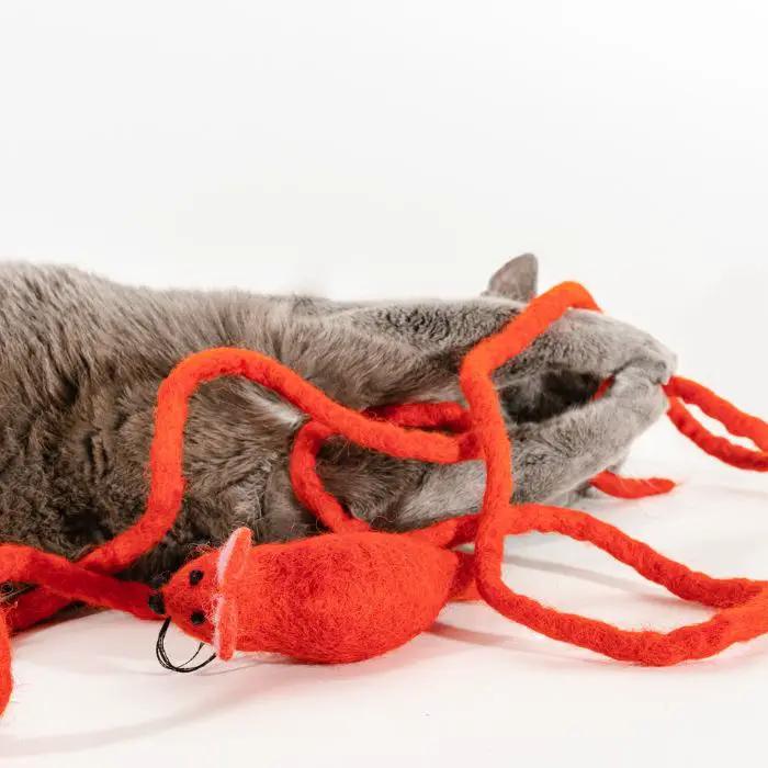 Catch a Mouse by the Tail Wool Cat Toy, red yarn mouse on a string
