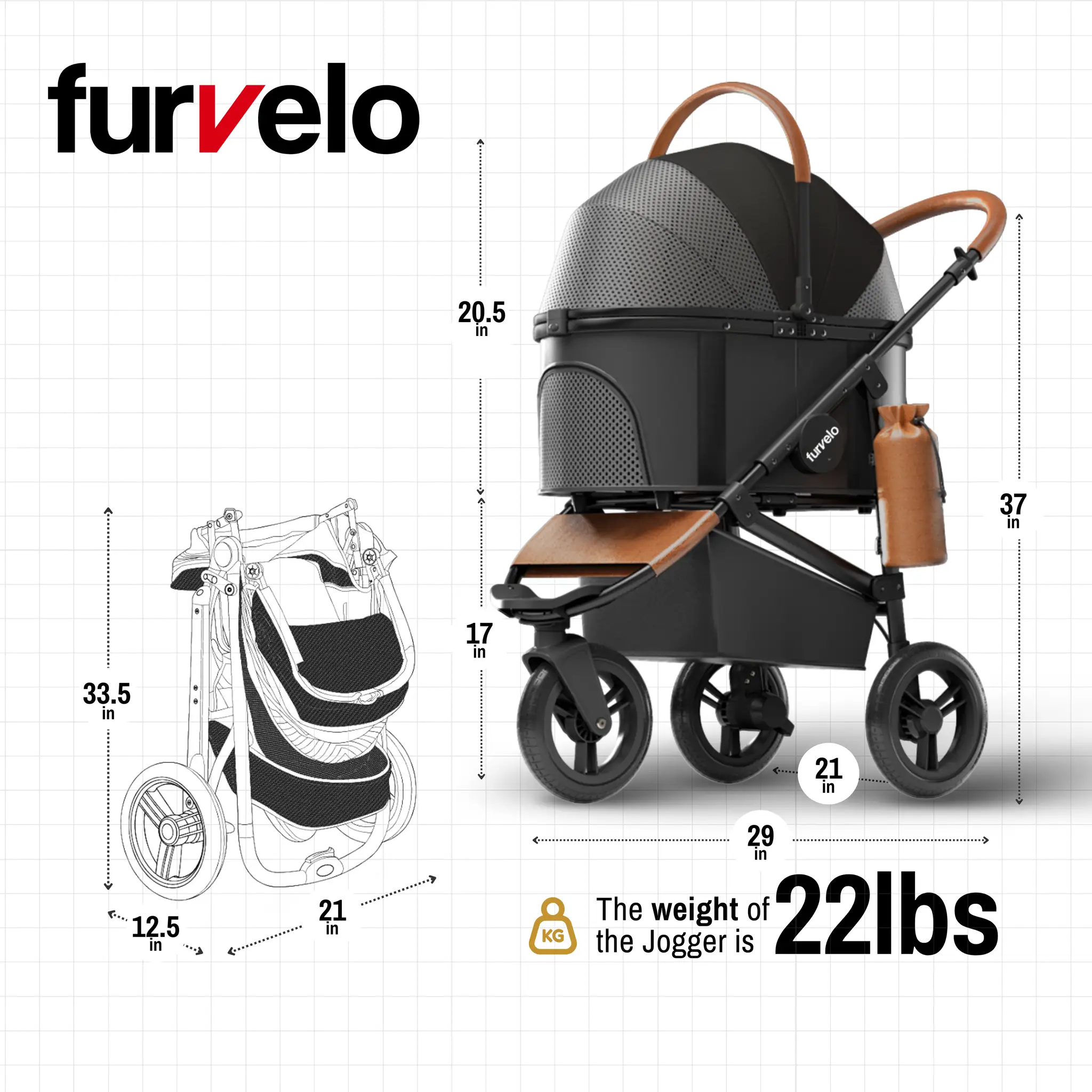 Furvelo Jogger Pet Stroller for dogs with black body, perforated mesh, and brown leather handles.