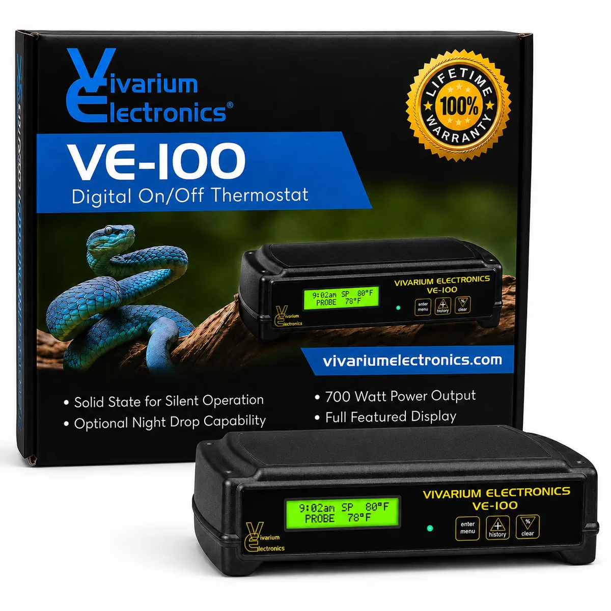 VE-100 thermostat, black digital on/off unit for reptile habitat heating by Vivarium Electronics.