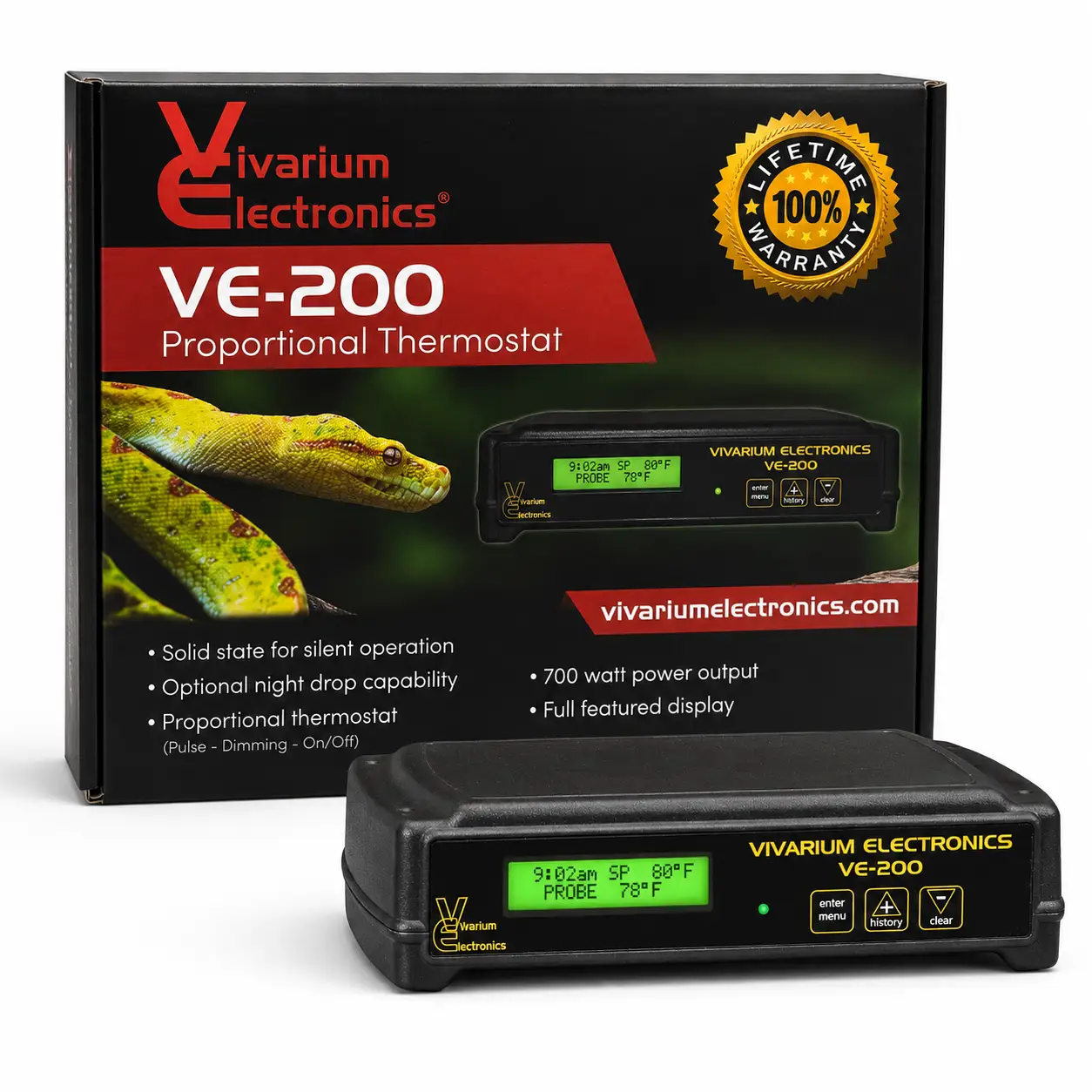 Vivarium Electronics VE-200 proportional thermostat with black housing and green LCD display, shown with box