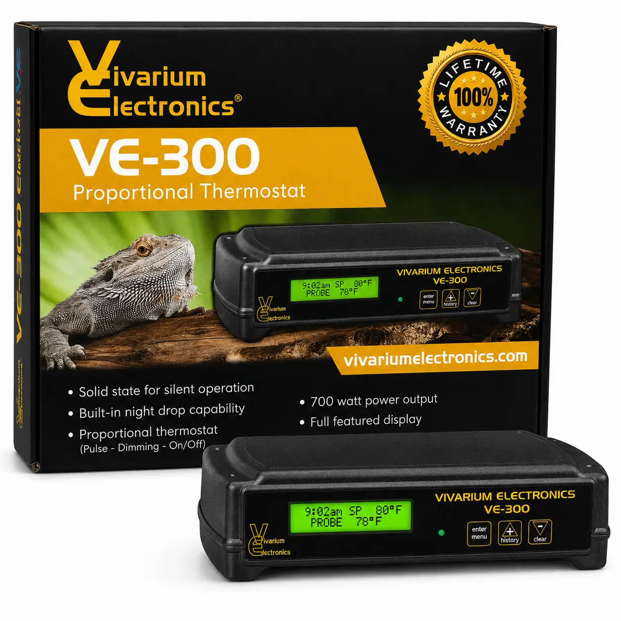 Vivarium Electronics VE-300 Proportional Thermostat; 2 black units with green LCDs for reptile habitat heating