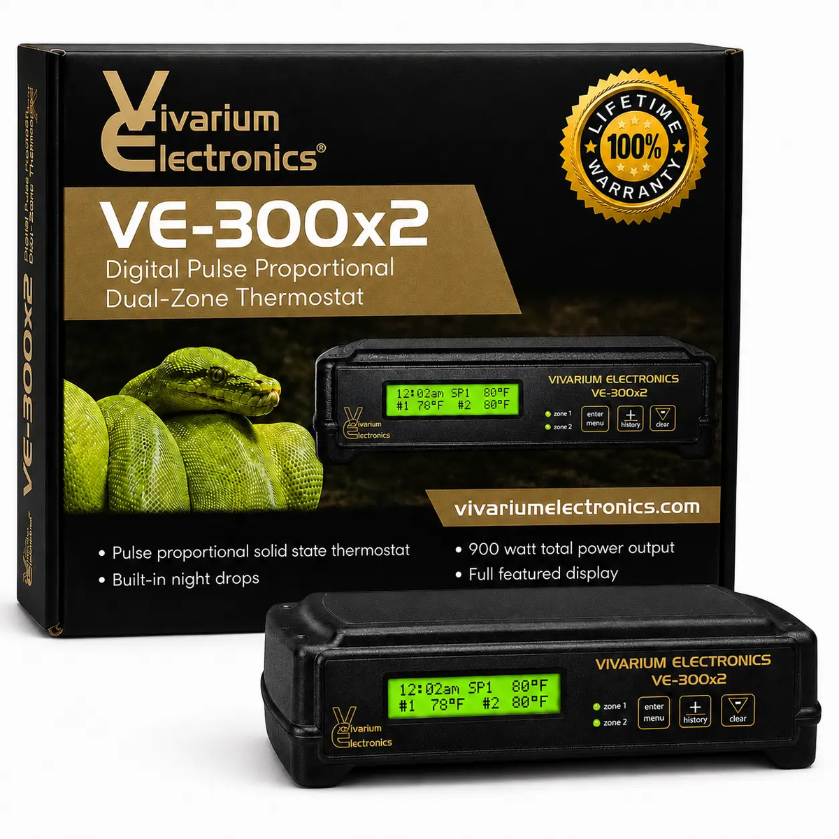 Vivarium Electronics VE-300x2 thermostat, black dual-zone unit with green display; box and device, 2 items.