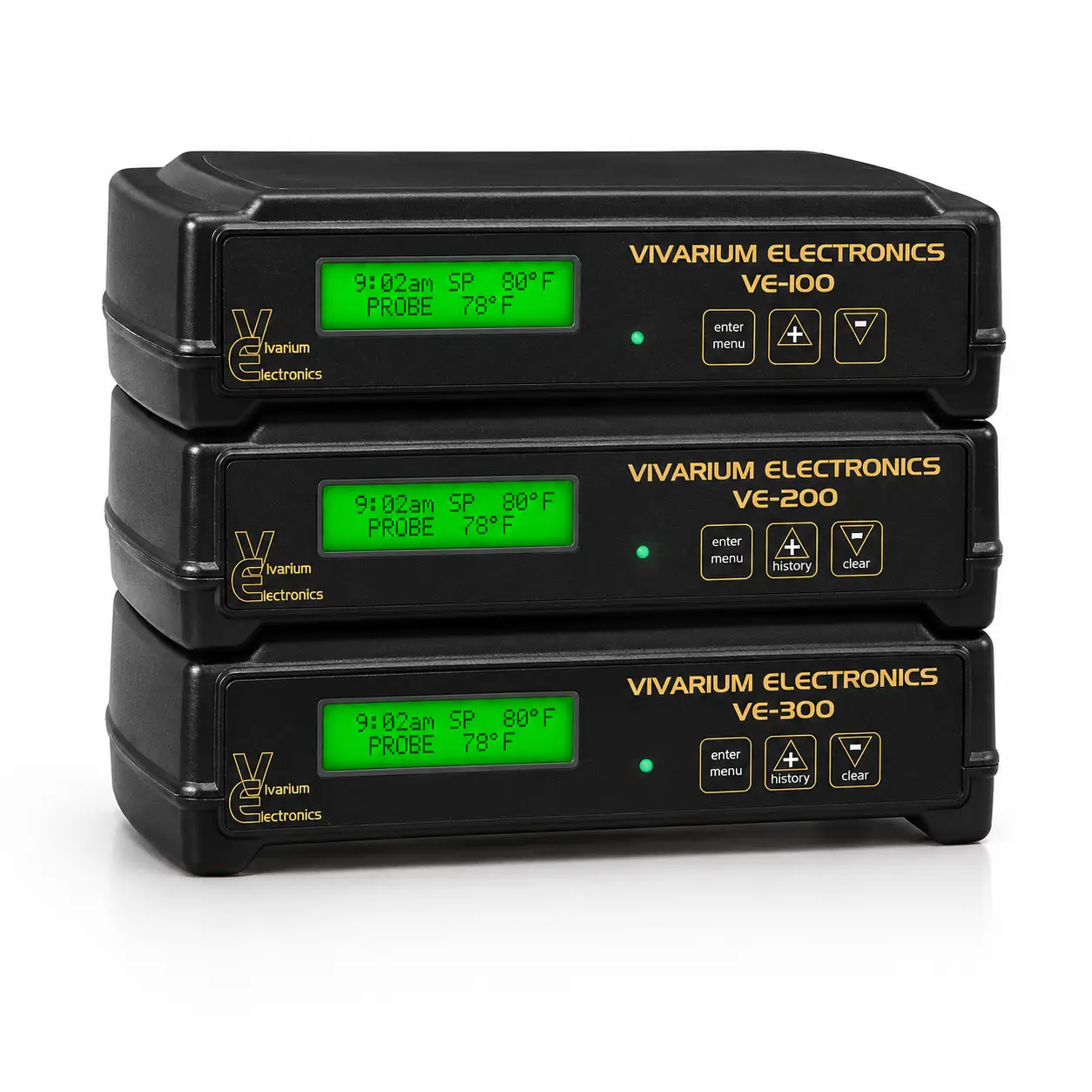ReptiChip Vivarium Electronics thermostats VE-100, VE-200, VE-300 stacked, black with green LCD displays