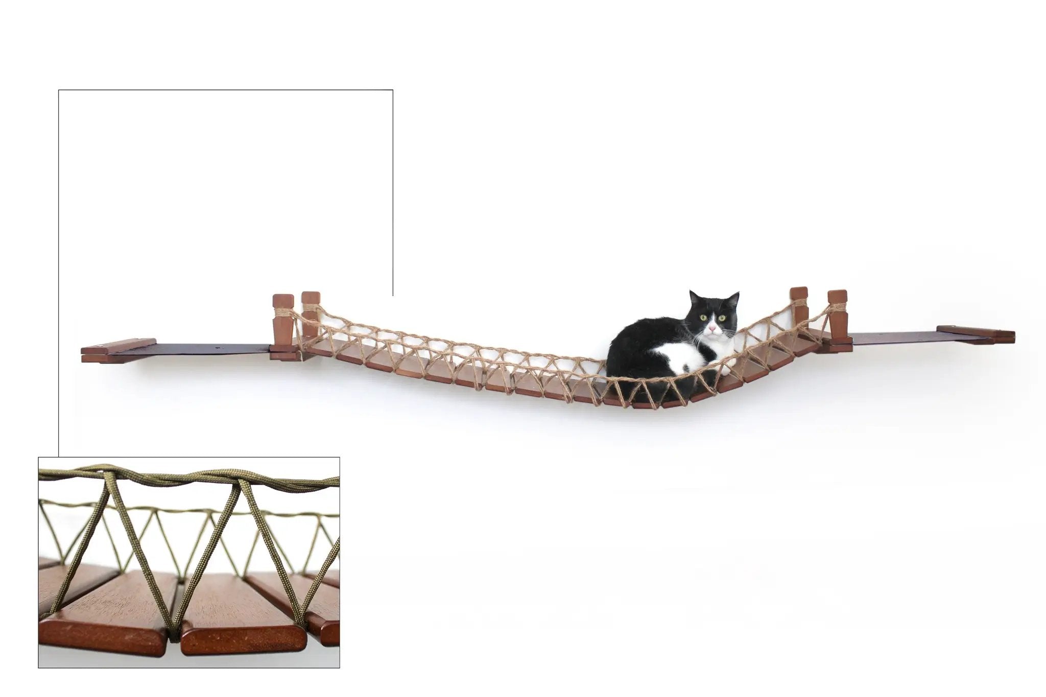 Double Cat Hammock and Climbing Bridge Combo by Catastrophic Creations; brown wood planks with rope net
