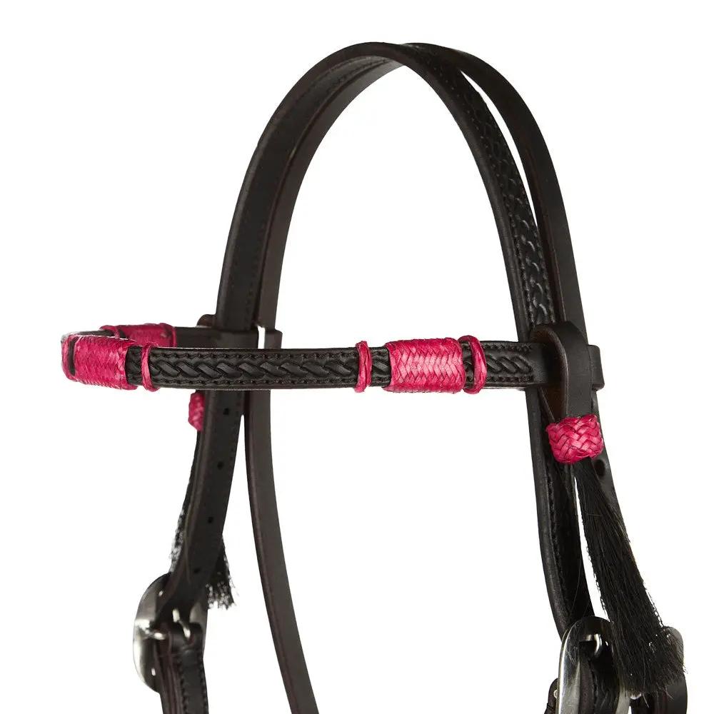 WD Tack Hot Pink Adjustable Rawhide Rope Tooled Browband Headstall by Mayatex