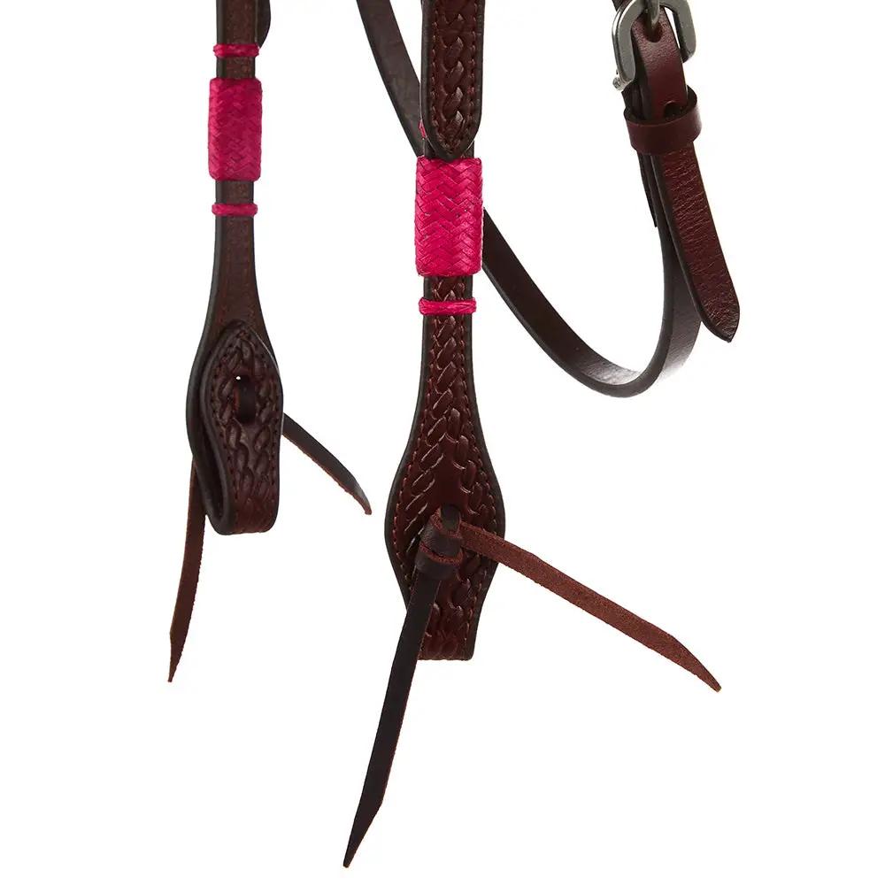 WD Tack Hot Pink Adjustable Rawhide Rope Tooled Browband Headstall by Mayatex