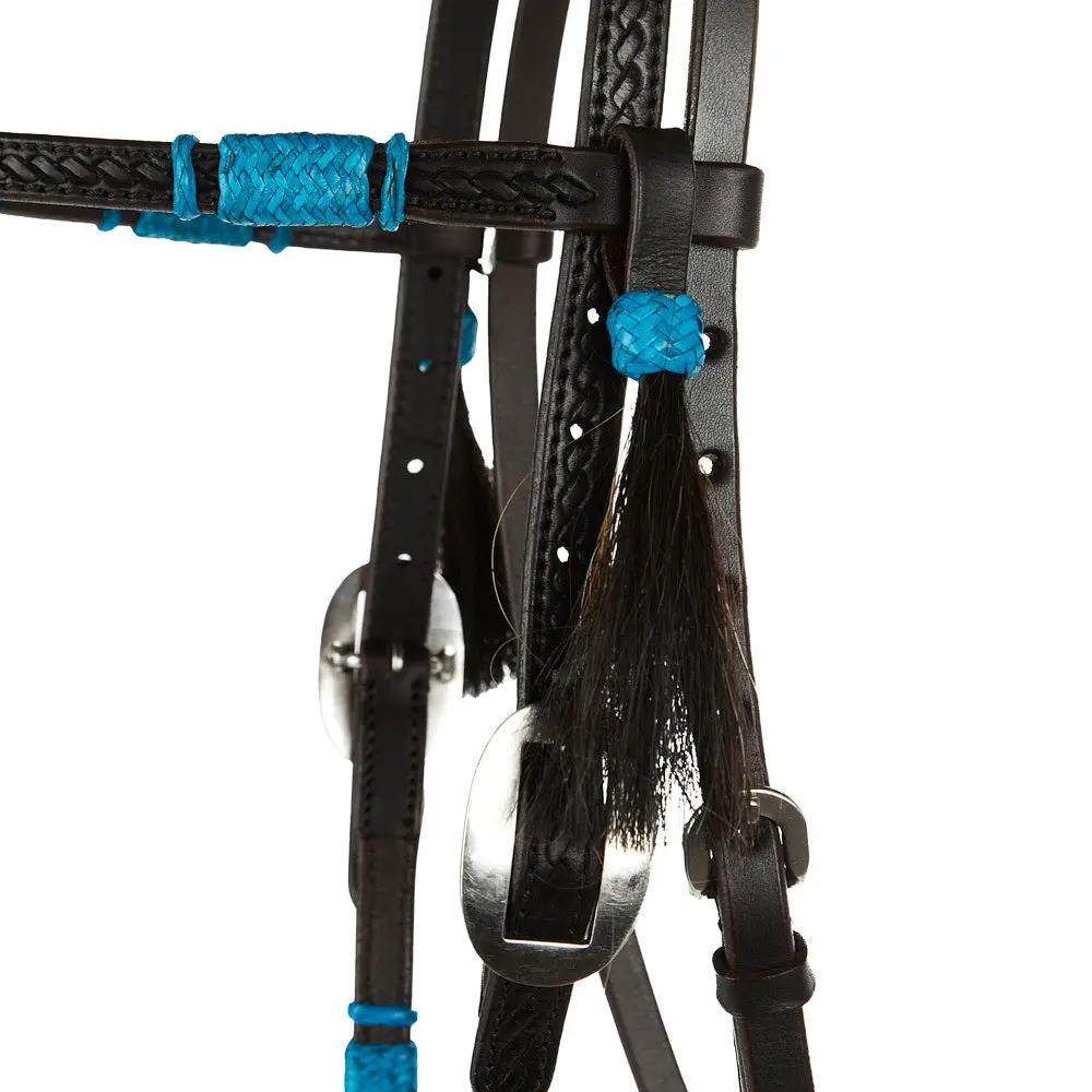 WD Tack Turquoise Rawhide Rope Tooled Browband Headstall With Heavy Stainless Steel Cart Buckles by Mayatex