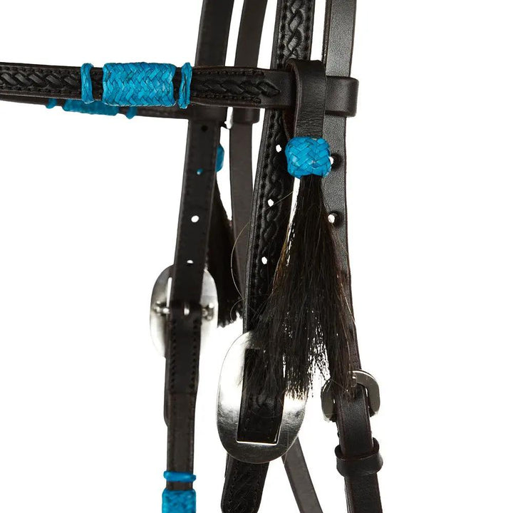 WD Tack Turquoise Rawhide Rope Tooled Browband Headstall With Heavy Stainless Steel Cart Buckles by Mayatex