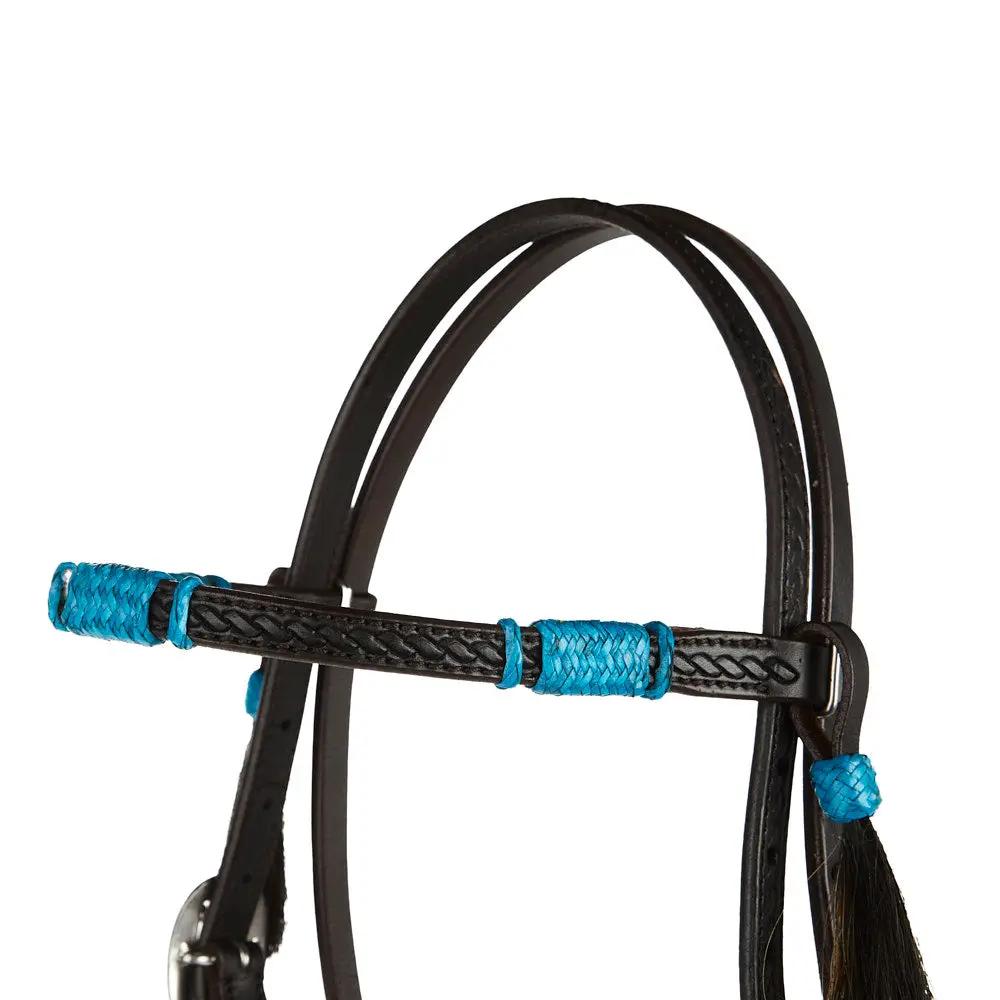 WD Tack Turquoise Rawhide Rope Tooled Browband Headstall With Heavy Stainless Steel Cart Buckles by Mayatex