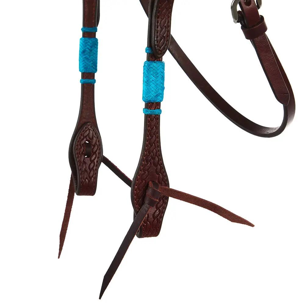 WD Tack Turquoise Rawhide Rope Tooled Browband Headstall With Heavy Stainless Steel Cart Buckles by Mayatex