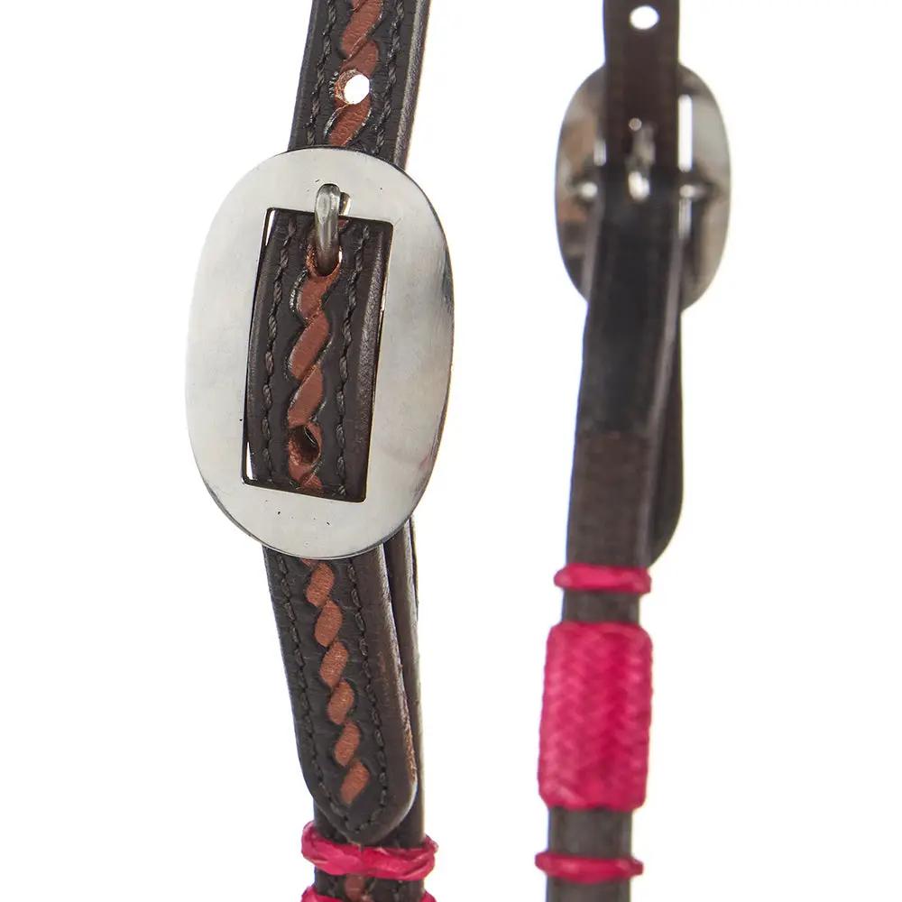 WD Tack Hot Pink Rawhide Rope Tooled Single Ear Headstall With Turquoise Dyed And Steel Buckles by Mayatex
