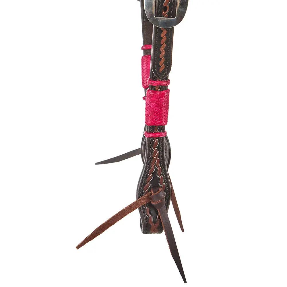 WD Tack Hot Pink Rawhide Rope Tooled Single Ear Headstall With Turquoise Dyed And Steel Buckles by Mayatex