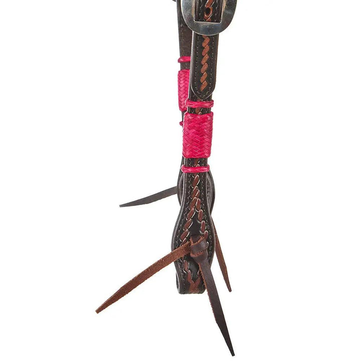 WD Tack Hot Pink Rawhide Rope Tooled Single Ear Headstall With Turquoise Dyed And Steel Buckles by Mayatex