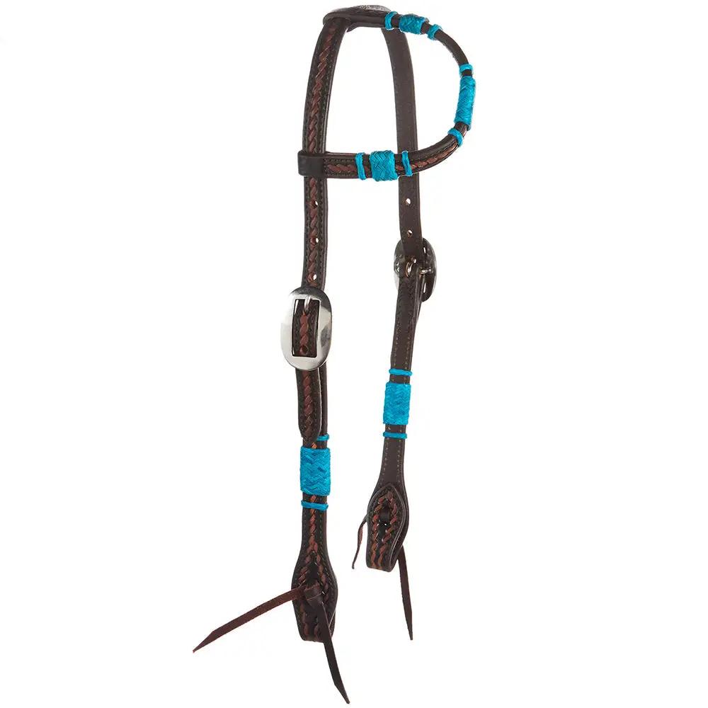 WD Tack Turquoise Dyed Rawhide Rope Tooled Single Ear Headstall by Mayatex