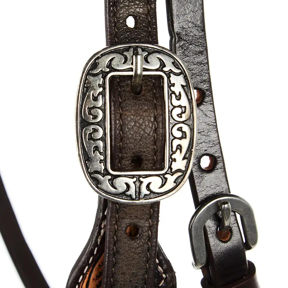 WD Tack Black Hide Overlay Tooled Browband Headstall Steel Hardware by Mayatex