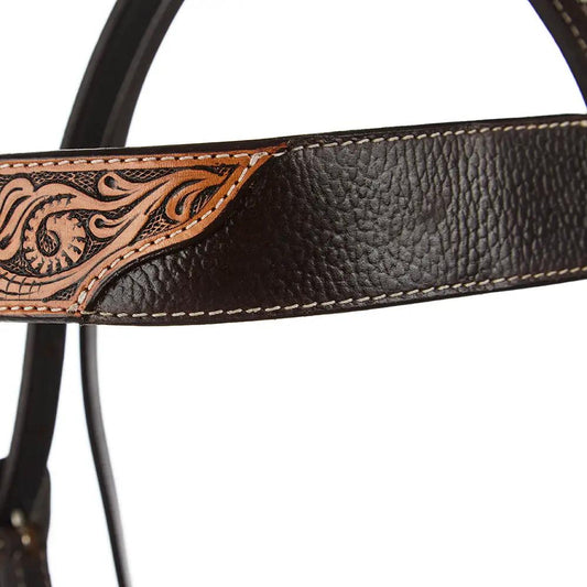 WD Tack Brown Overlay Tooled Combo Browband Headstall Floral Tooling Stainless Steel Hardware Black Hide Leather by Mayatex