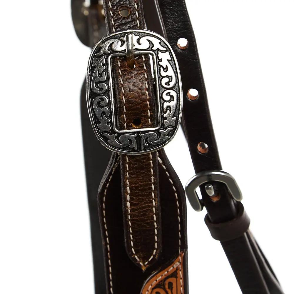 WD Tack Brown Overlay Tooled Combo Browband Headstall Floral Tooling Stainless Steel Hardware Black Hide Leather by Mayatex