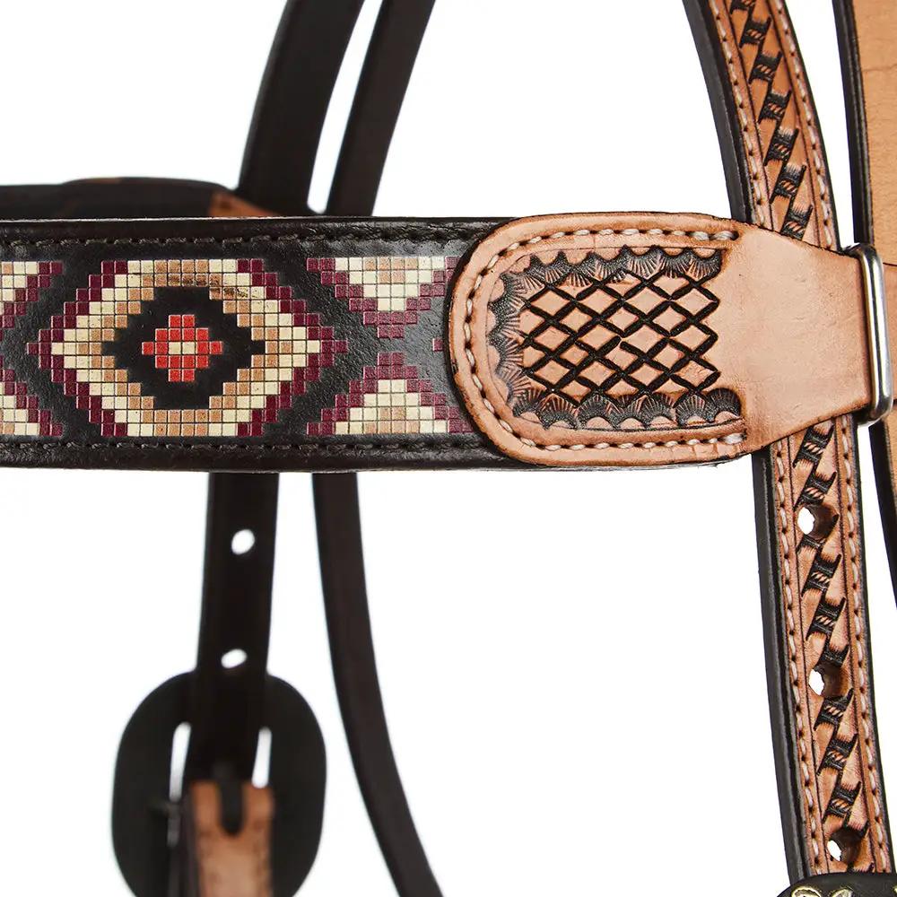 WD Tack Burgundy And Cream Embossed Beadwork Browband Headstall Heavy Oiled Leather Natural Rawhide Premium Horse Gear by Mayatex