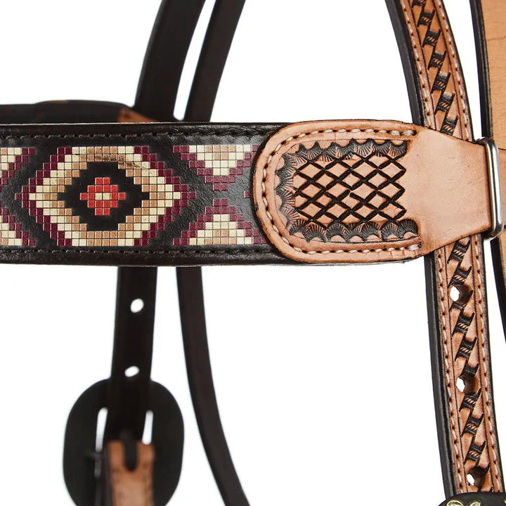 WD Tack Burgundy And Cream Embossed Beadwork Browband Headstall Heavy Oiled Leather Natural Rawhide Premium Horse Gear by Mayatex