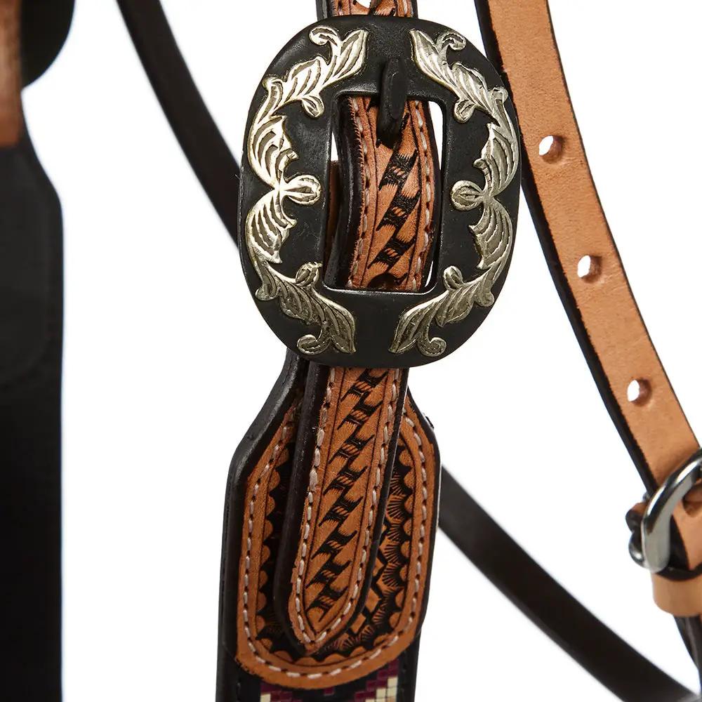 WD Tack Burgundy And Cream Embossed Beadwork Browband Headstall Heavy Oiled Leather Natural Rawhide Premium Horse Gear by Mayatex