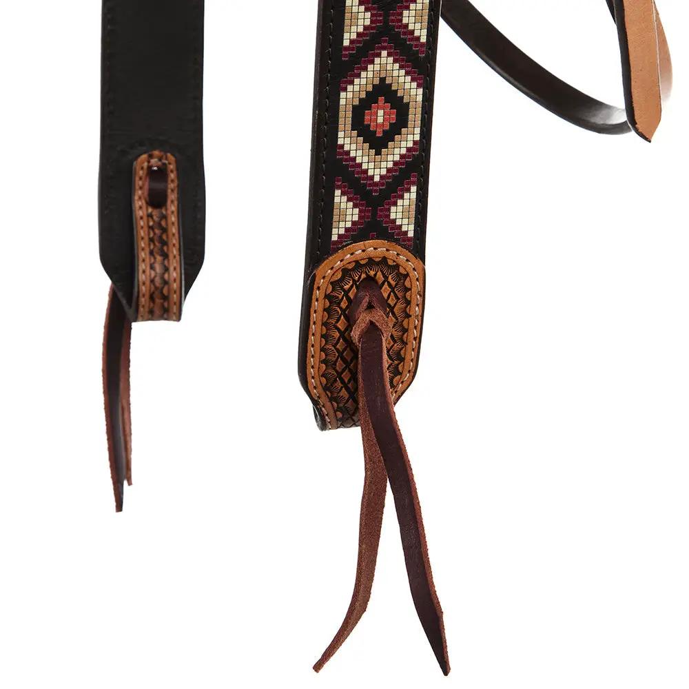 WD Tack Burgundy And Cream Embossed Beadwork Browband Headstall Heavy Oiled Leather Natural Rawhide Premium Horse Gear by Mayatex
