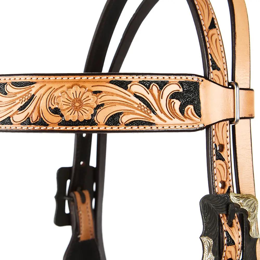 WD Tack Natural Floral Tooling Black Hide Browband Headstall by Mayatex