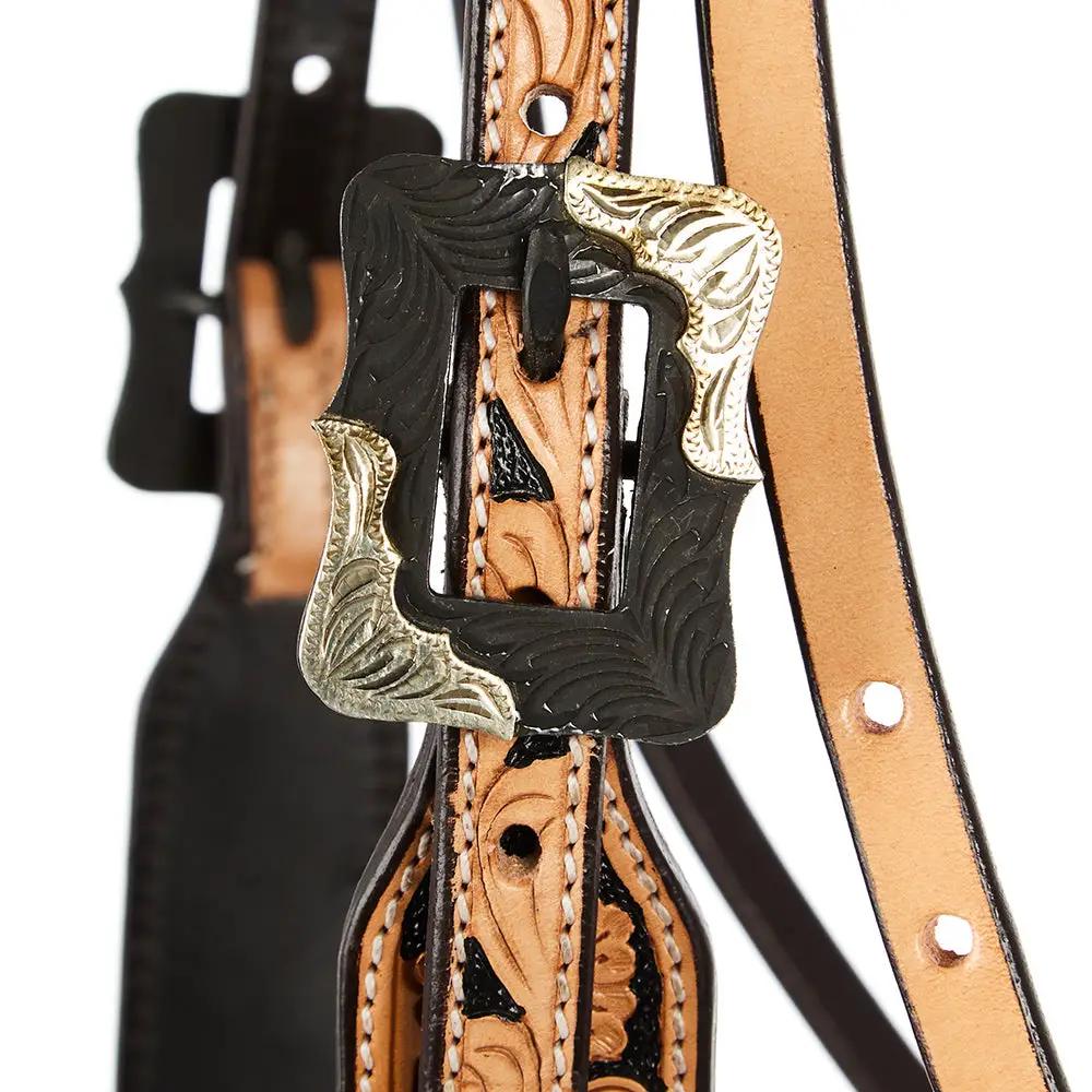 WD Tack Natural Floral Tooling Black Hide Browband Headstall by Mayatex
