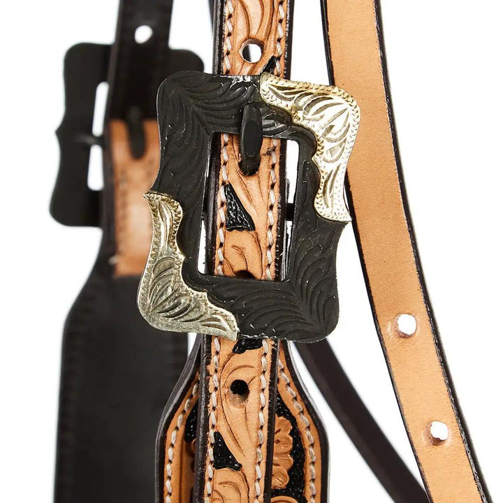 WD Tack Natural Floral Tooling Black Hide Browband Headstall by Mayatex