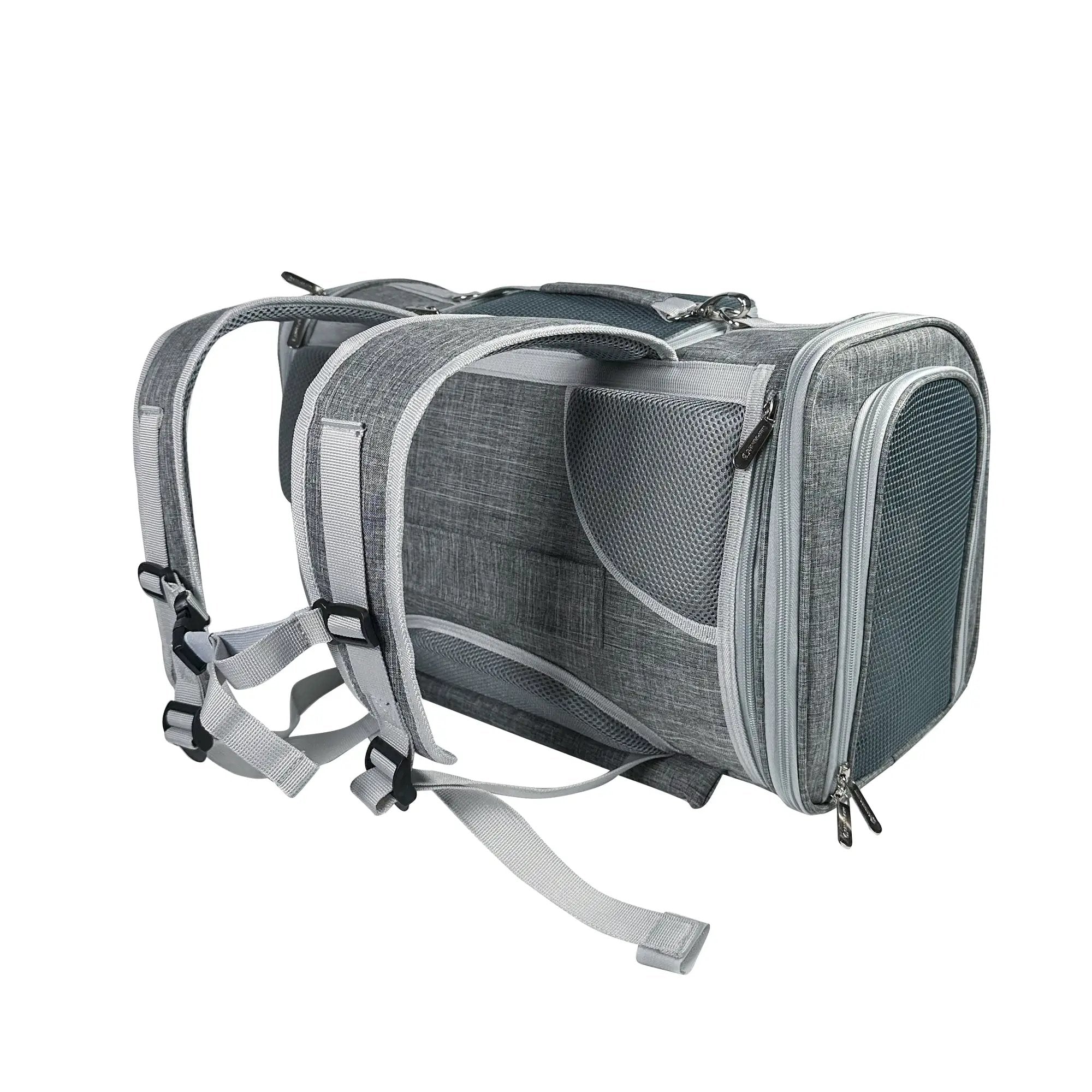 Mr. Peanut's Monterey Series airline-compliant horizontal backpack pet carrier in gray fabric with mesh panels.